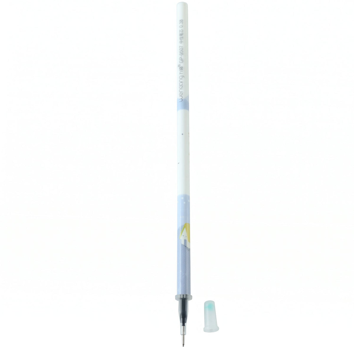 A white and blue pen refill with a light blue cap next to it, against a plain white background.
