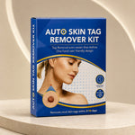 Blue and white box for an auto skin tag remover kit on a beige pedestal.