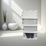 Side view of the multi-functional foldable shoe rack, neatly organizing footwear.