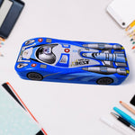 Interior view of the car shape compass box, neatly organizing pencils and erasers.