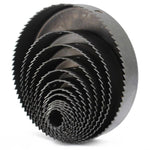 High-speed steel hole saw bits from the set, ready for precision drilling tasks.