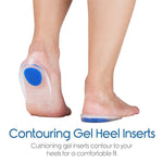 A person's bare feet show clear gel heel inserts with blue centers, with text about contouring gel heel inserts.