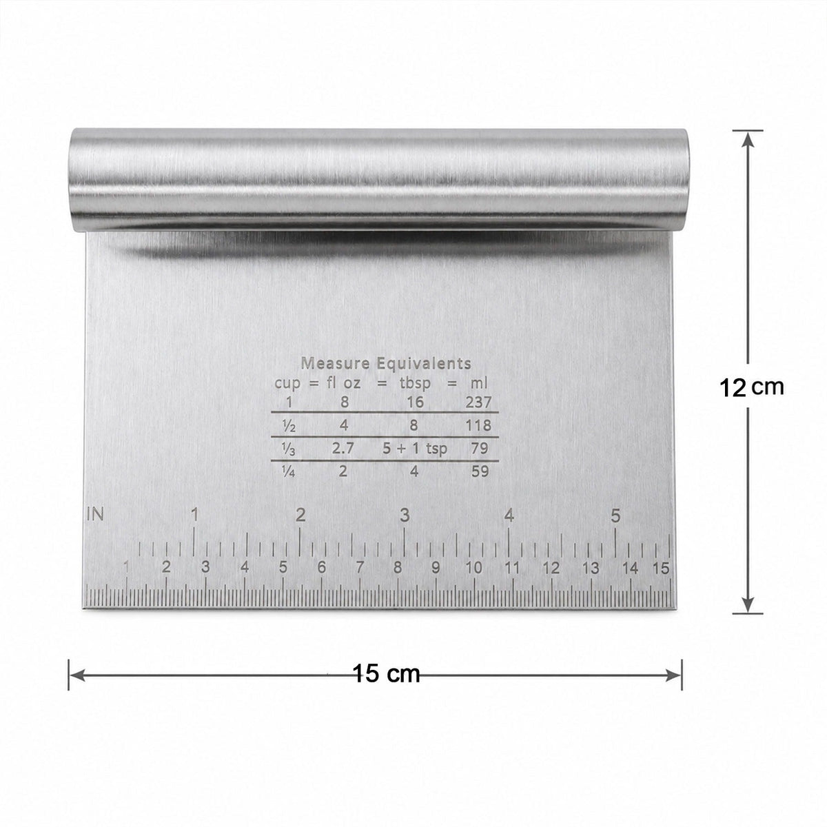 A stainless steel dough scraper with dimensions indicated by arrows: 15 cm width and 12 cm height.