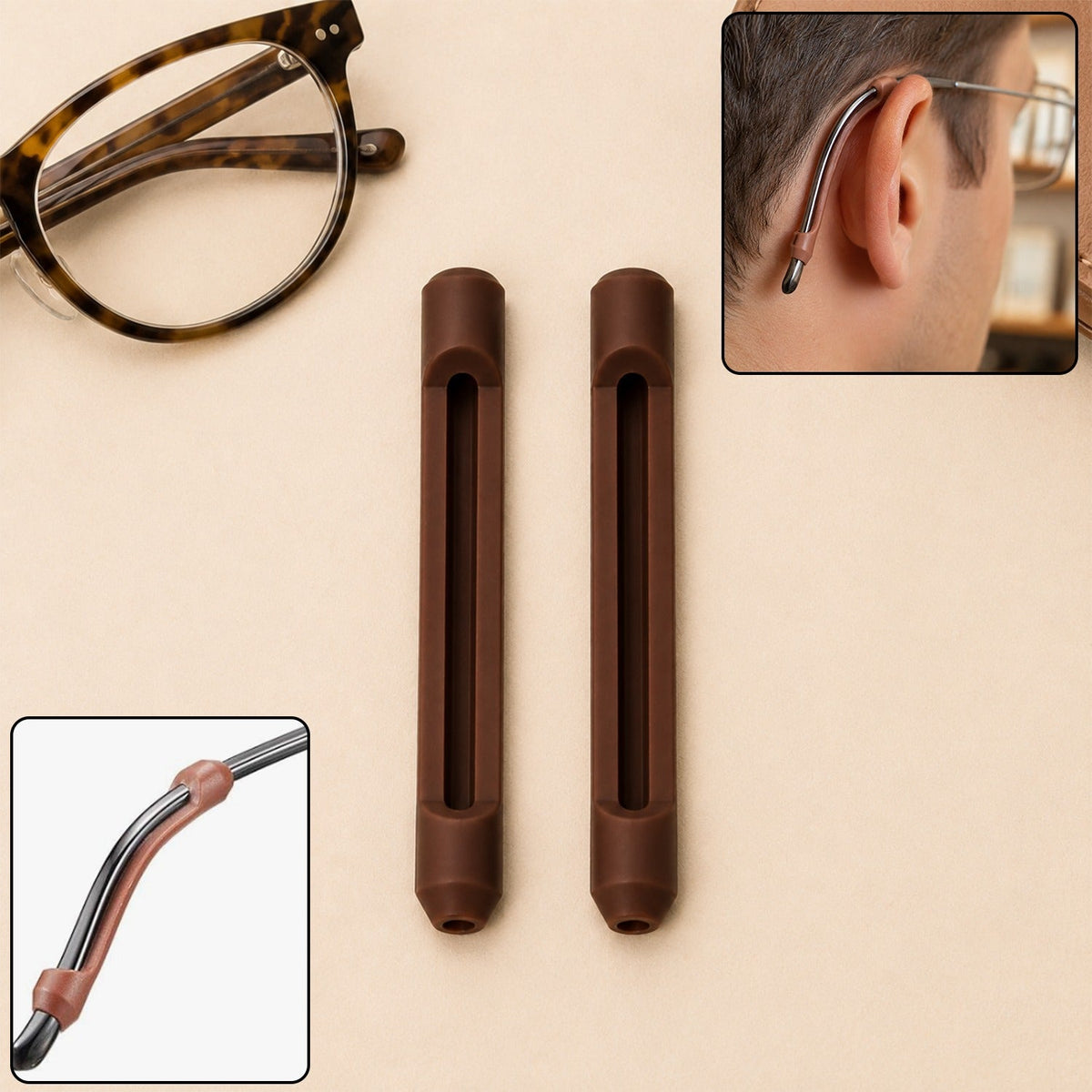 Two brown silicone ear grips next to eyeglasses, with close-ups of a grip on an ear and a temple arm.