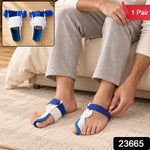A person adjusts a blue and white toe splint on their right foot, with another splint on the left. Inset shows two splints.