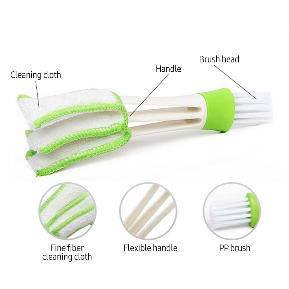 A white and green 3-in-1 cleaning brush with labels pointing to the cleaning cloth, handle, and brush head.