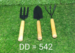 The ergonomic handles of the hand cultivator, trowel, and garden fork, designed for comfort.