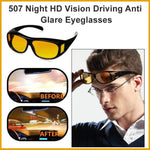 A promotional image showing yellow-lensed wrap-around glasses, a man wearing them over prescription glasses, and 'before and