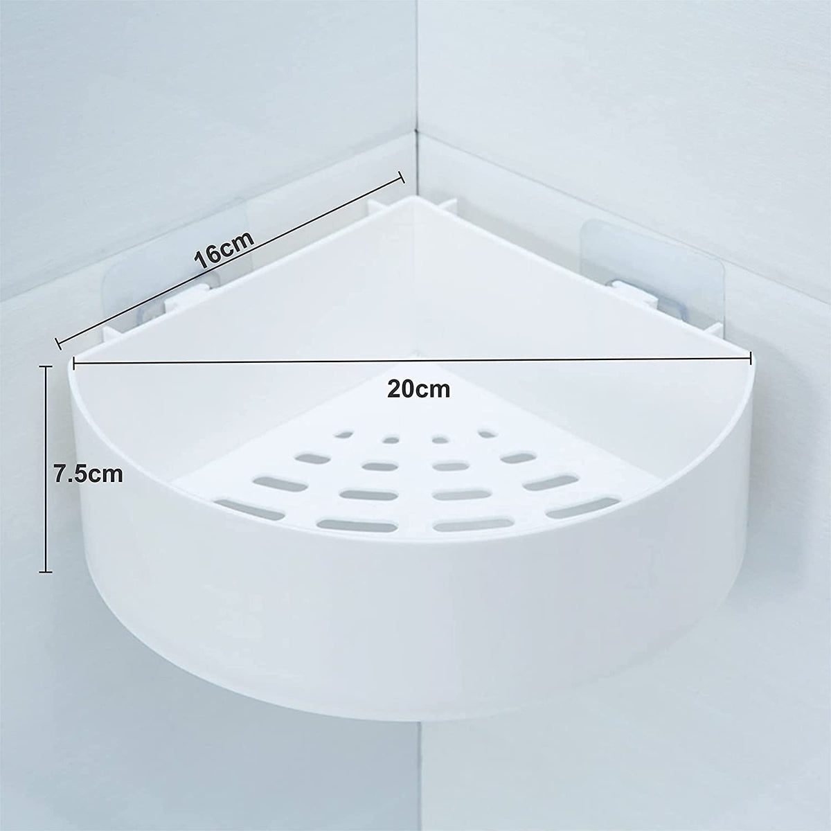 Durable plastic corner caddy for drill-free home organization.