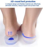 A person's bare feet show clear gel heel cups with blue centers, with arrows indicating heel protection features.