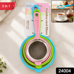 Three nested strainers with colorful plastic handles and stainless steel mesh, packaged together on a white countertop with