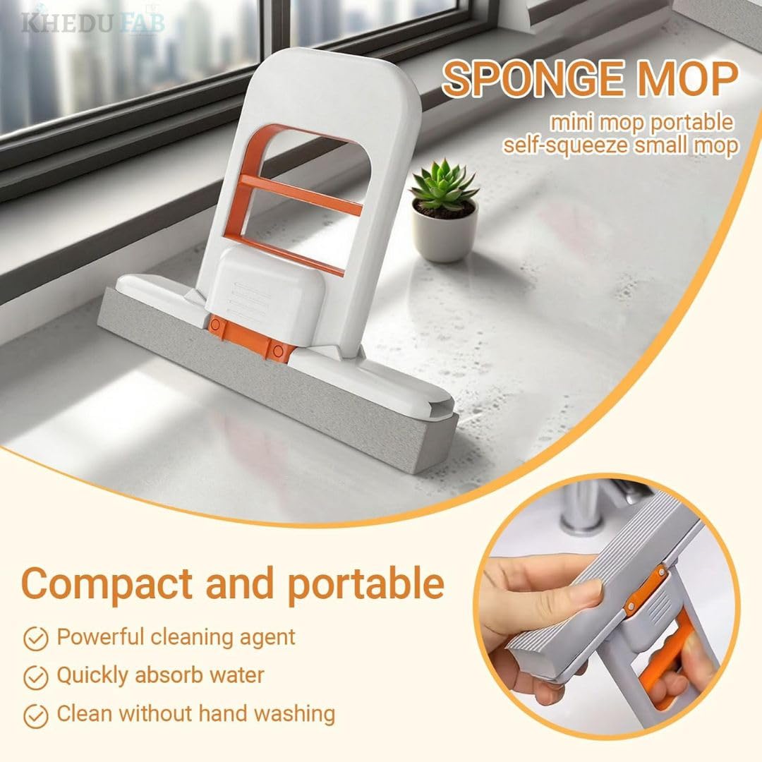 Mini Foldable Desktop Mop For Kitchen – Self‑Squeeze Sponge Mop for Wet & Dry Use – Portable Cleaning Tool – Kitchen, Bathroom, Glass, Living Room (1 Squeeze Handle + 2 Sponge Head)