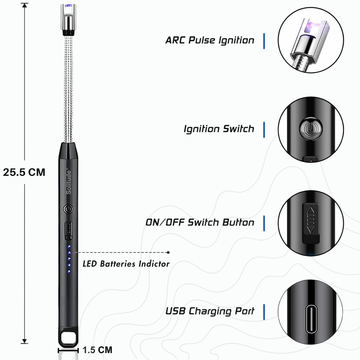 Solitude Matchstick Lighter | Long Handle Butane Gas Lighter | Refillable Multipurpose Flame Lighter for Kitchen, Candles, BBQ & Camping | Compact & Portable Match Stick