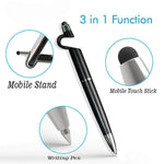 A black 3-in-1 stylus pen with text highlighting its mobile stand, mobile touch stick, and writing pen functions.