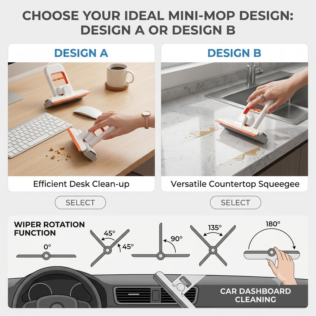 Mini Foldable Desktop Mop For Kitchen – Self‑Squeeze Sponge Mop for Wet & Dry Use – Portable Cleaning Tool – Kitchen, Bathroom, Glass, Living Room (1 Squeeze Handle + 2 Sponge Head)