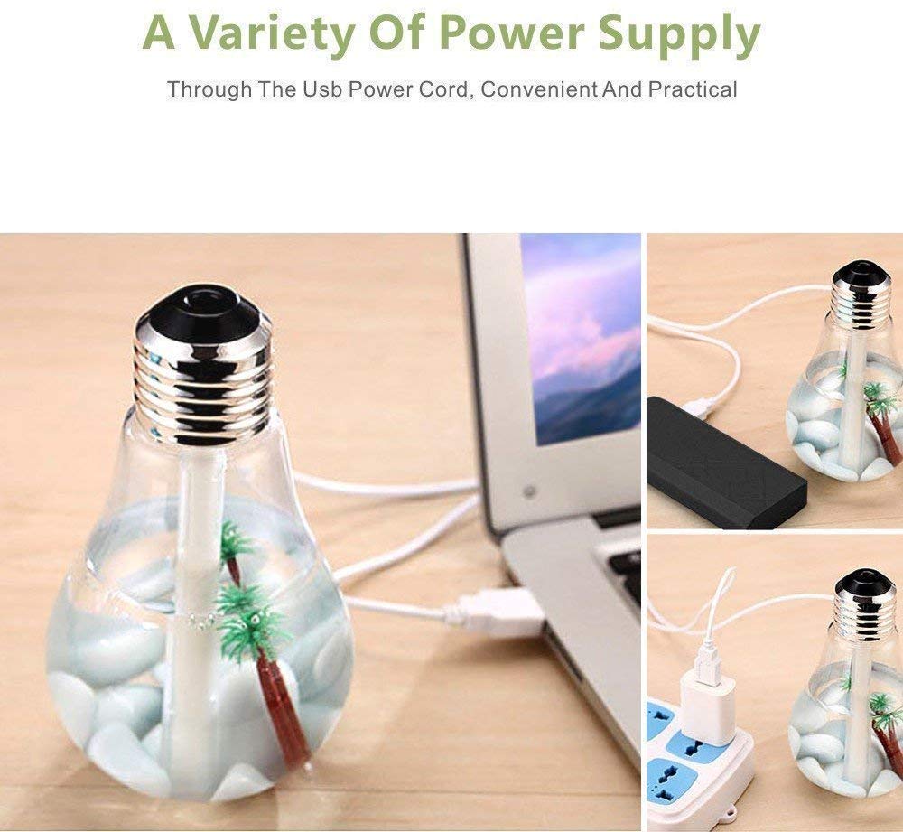 Collage showing a bulb-shaped humidifier connected to a laptop, power bank, and wall adapter.