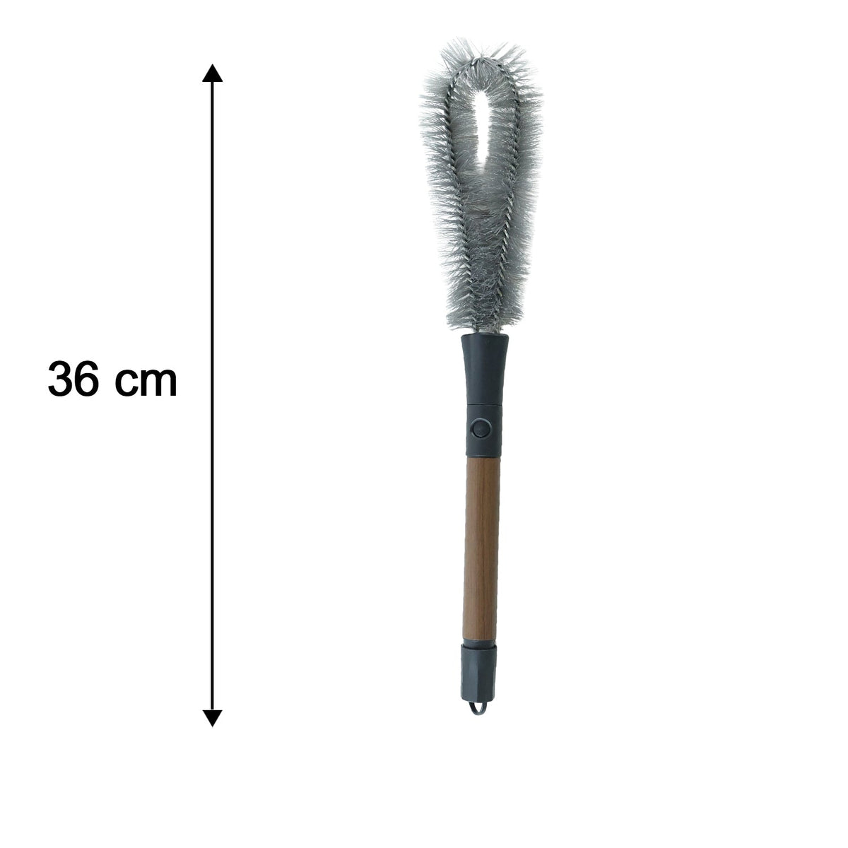A grey and brown cleaning brush is shown vertically on a white background with a 36 cm measurement beside it.