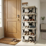 Space saving foldable storage shelf unit in living room or utility area