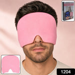 A man wearing a pink migraine relief cap over his eyes and forehead, with a product box in the top right corner.