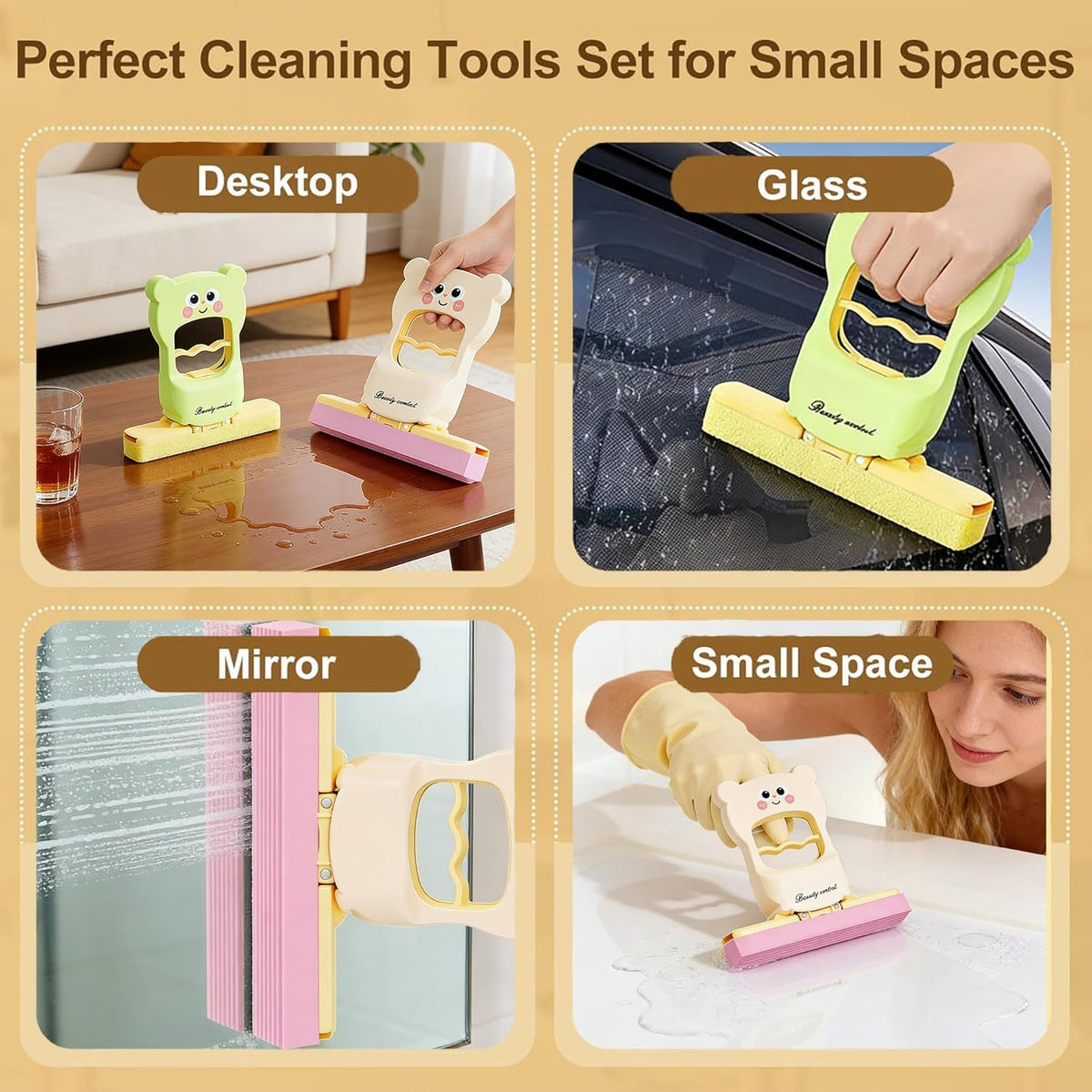 Mini Foldable Desktop Mop For Kitchen – Self‑Squeeze Sponge Mop for Wet & Dry Use – Portable Cleaning Tool – Kitchen, Bathroom, Glass, Living Room (1 Squeeze Handle + 2 Sponge Head)