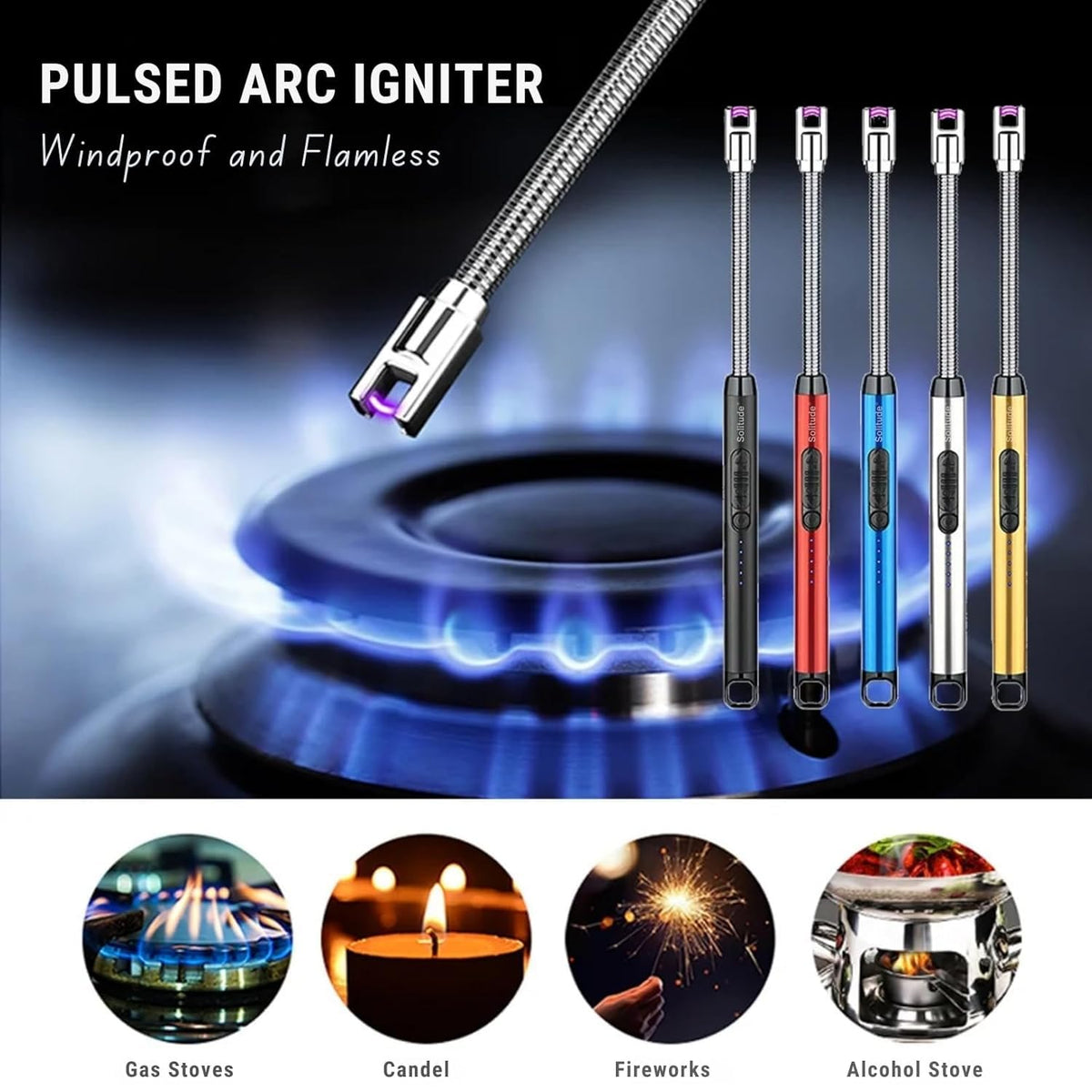 Solitude Matchstick Lighter | Long Handle Butane Gas Lighter | Refillable Multipurpose Flame Lighter for Kitchen, Candles, BBQ & Camping | Compact & Portable Match Stick