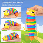 Collection of multiple rainbow plastic slug fidget toys arranged together for display.