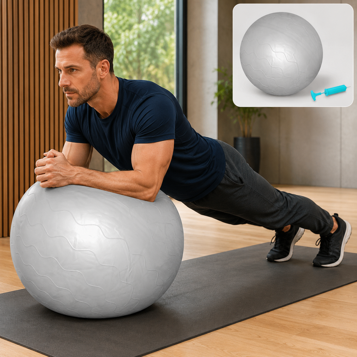 A man in a navy t-shirt and dark pants holds a plank position with his forearms on a grey stability ball. A small inset