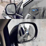 A four-panel image shows a car side view with water droplets, a small round anti-fog film with sunglasses, and a clear film.