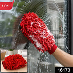 A hand wearing a red microfiber chenille wash glove cleans a window covered in white suds, with a smaller inset showing the
