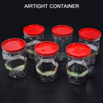 Stackable dry food storage jars filled with various grains and pulses.