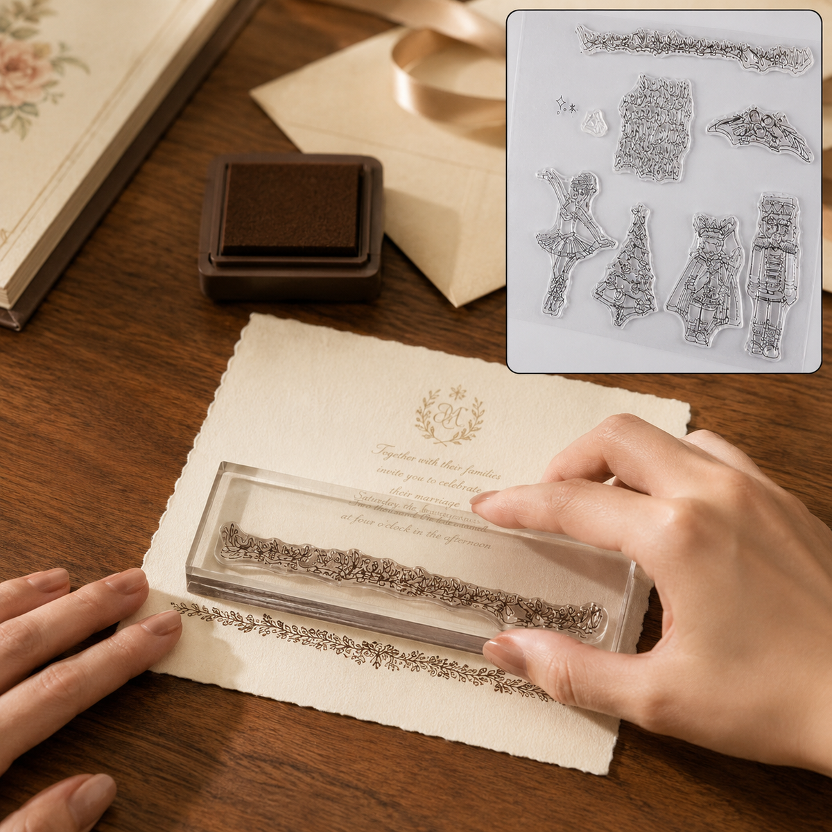 Hands press a clear stamp with a floral border design onto an elegant cream-colored invitation card, with an ink pad nearby.