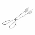 A pair of shiny silver stainless steel tongs with a spatula and a three-pronged fork end on a white background.