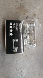 The chrome swivel faucet aerator in its packaging, labeled 'FAUCET SPLASH HEAD', next to the product in plastic.