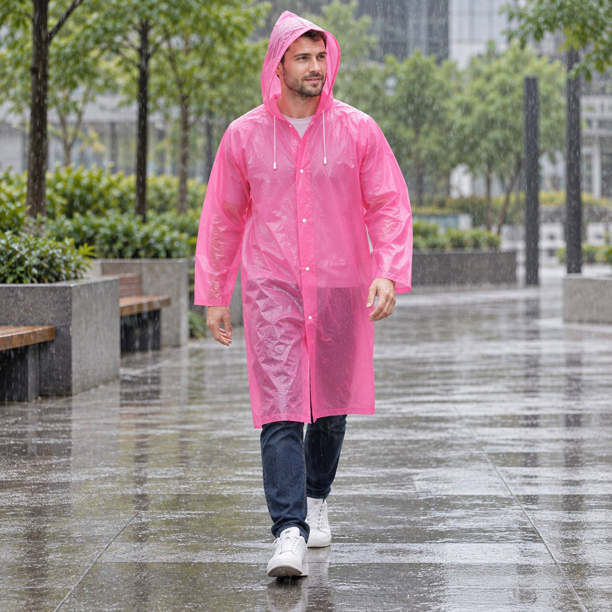 A man in a pink translucent rain coat with a hood walks on a wet city path with trees.