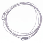A silver stainless steel wire rope with two carabiner hooks is loosely spread out on a white background.