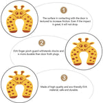 An infographic details the features of the giraffe door stopper, including its textured surface and EVA material.