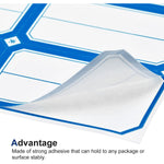 A corner of a blue-bordered label sticker sheet is peeled back, revealing the adhesive backing.