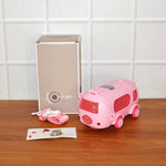 Top view of bus shaped kids water bottle showcasing leak-proof lid design