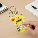 Cartoon keychain calculator with bright yellow character and metal ring bell charm