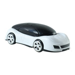 A white and black car-shaped phone holder with chrome wheels is shown from a slight angle on a white background.