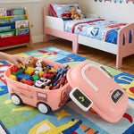 Kids' toy storage box in pink fire truck design for bedroom organization