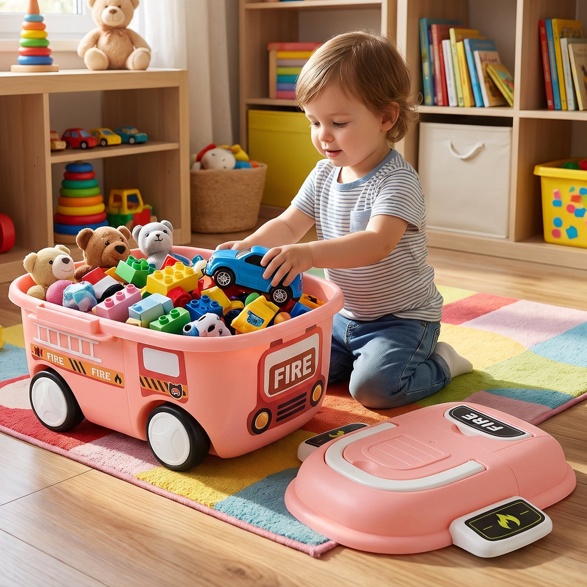 A toddler sits on a colorful rug, placing a blue car toy into the pink fire truck storage box filled with other toys.