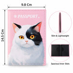 The pink passport holder with a cat illustration is shown with its dimensions, a slim side view, and an open view of its