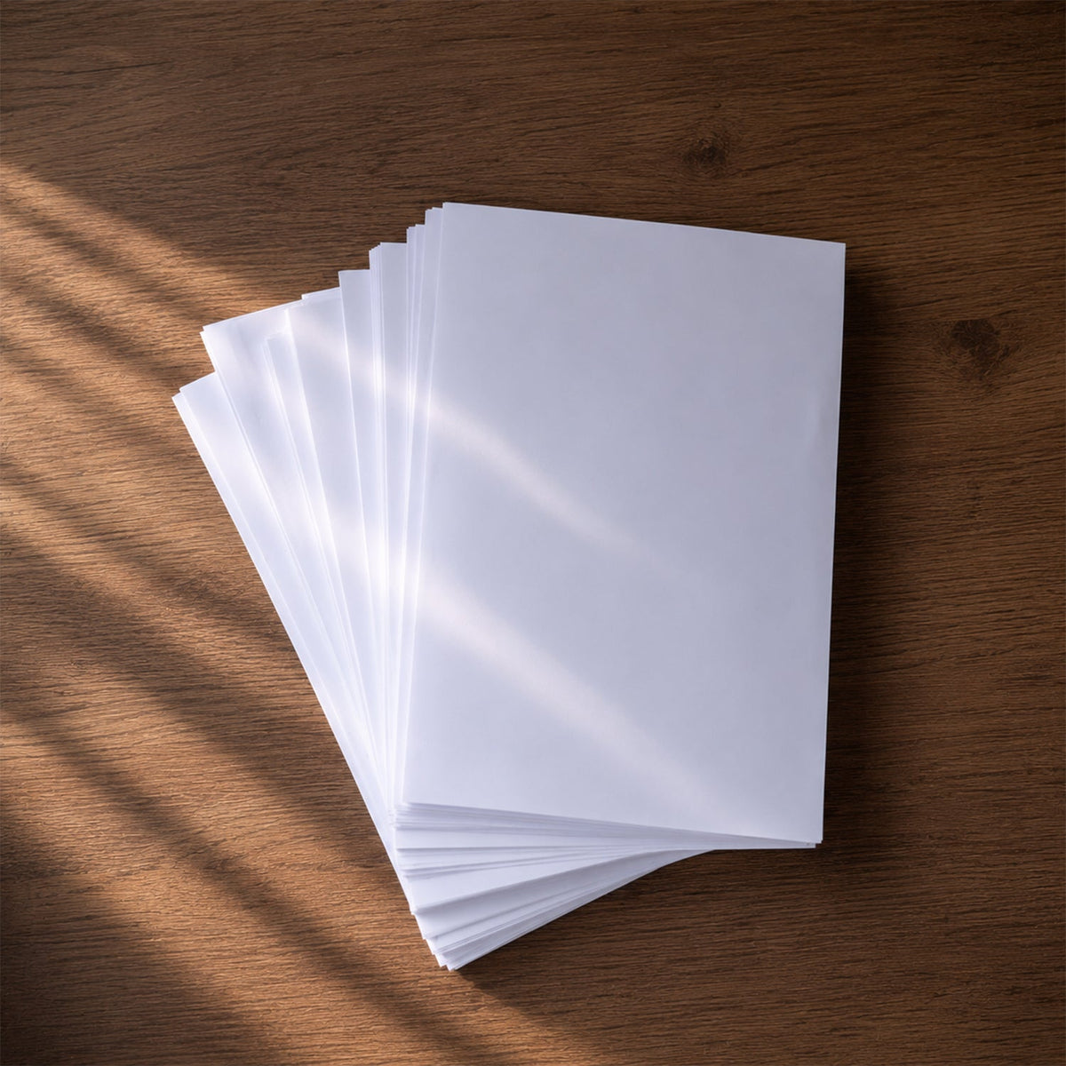 A fanned stack of white paper on a wooden surface with sunlight stripes across it.
