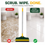 A green and yellow floor brush stands between two bathroom scenes: a dirty tiled floor on the left labeled "BEFORE" and a