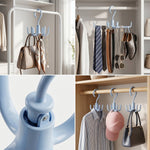 A four-panel collage showing the multi-hook hanger in use for bags, ties, and hats, with a close-up of its rotating