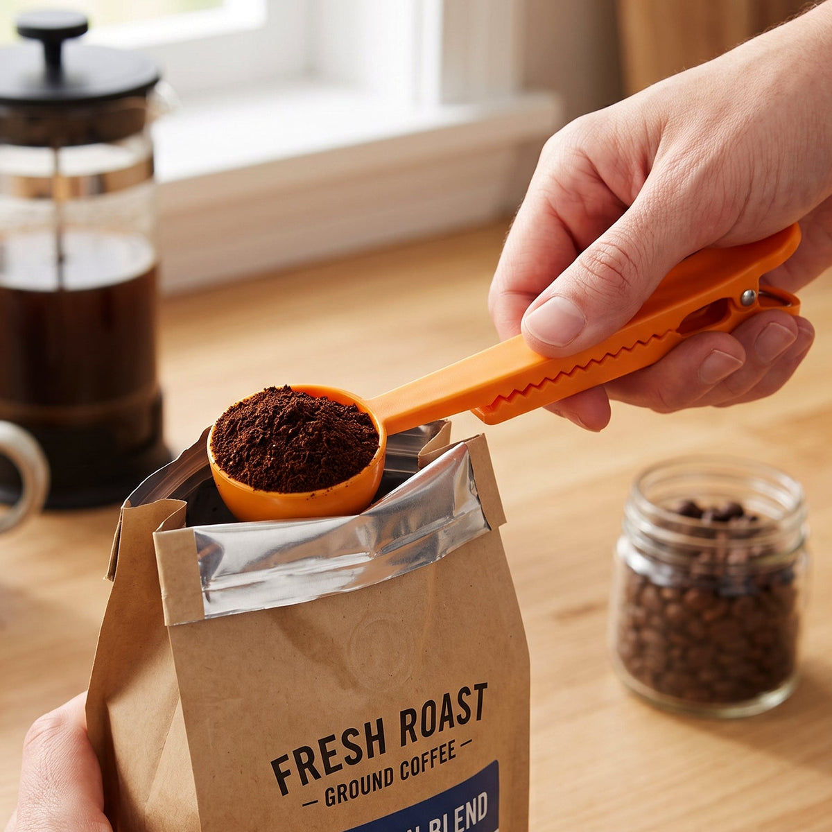 A hand uses an orange plastic scoop to measure ground coffee from a bag, with a French press in the background.