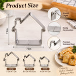 A large house cookie cutter with dimensions, and insets detailing its features, alongside smaller cutters and baked cookies.