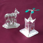 Silver-plated Kamdhenu cow and Tulsi plant divine idols set for festivals and pooja