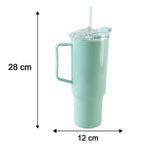 A mint green tumbler with a straw and handle, showing its dimensions: 28 cm height and 12 cm width.